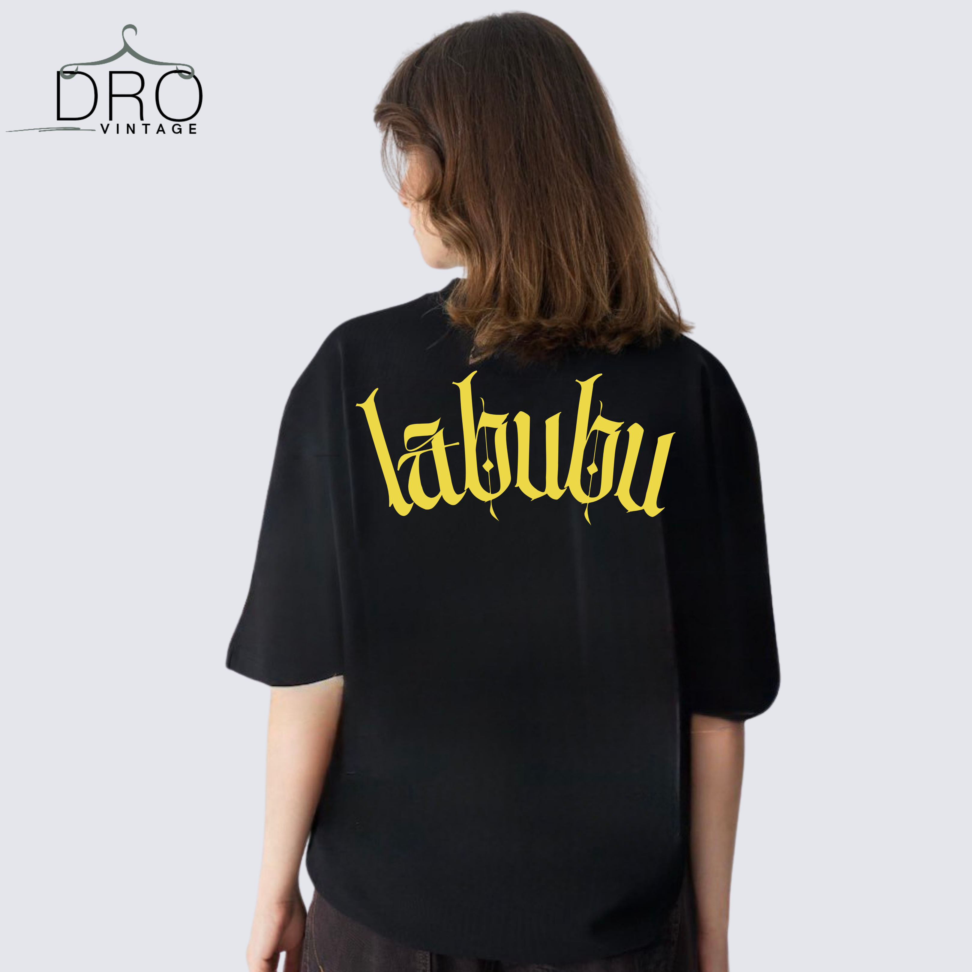 Dro Vintage Black Women Labubu Bunny Printed T-Shirt – Oversized Anime Street Wear T-shirt